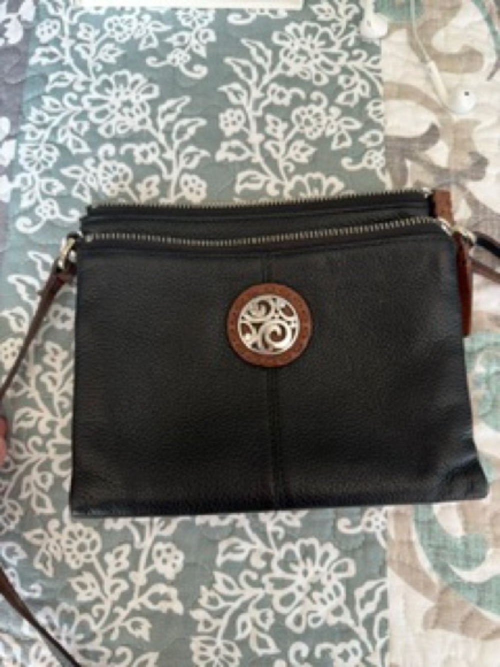 Women's Black Crossbody Bag with Brown Accent Medallion